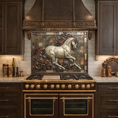 Majestic Stallion Tempered Glass Backsplash, Copper Look Galloping Horse Wall Panel, Custom Size