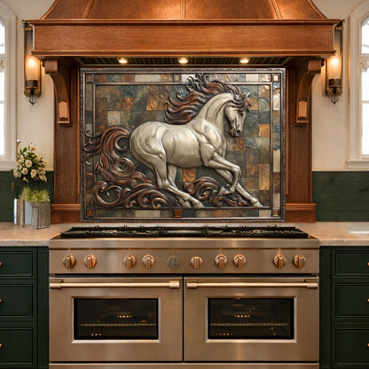 Majestic Stallion Tempered Glass Backsplash, Copper Look Galloping Horse Wall Panel, Custom Size