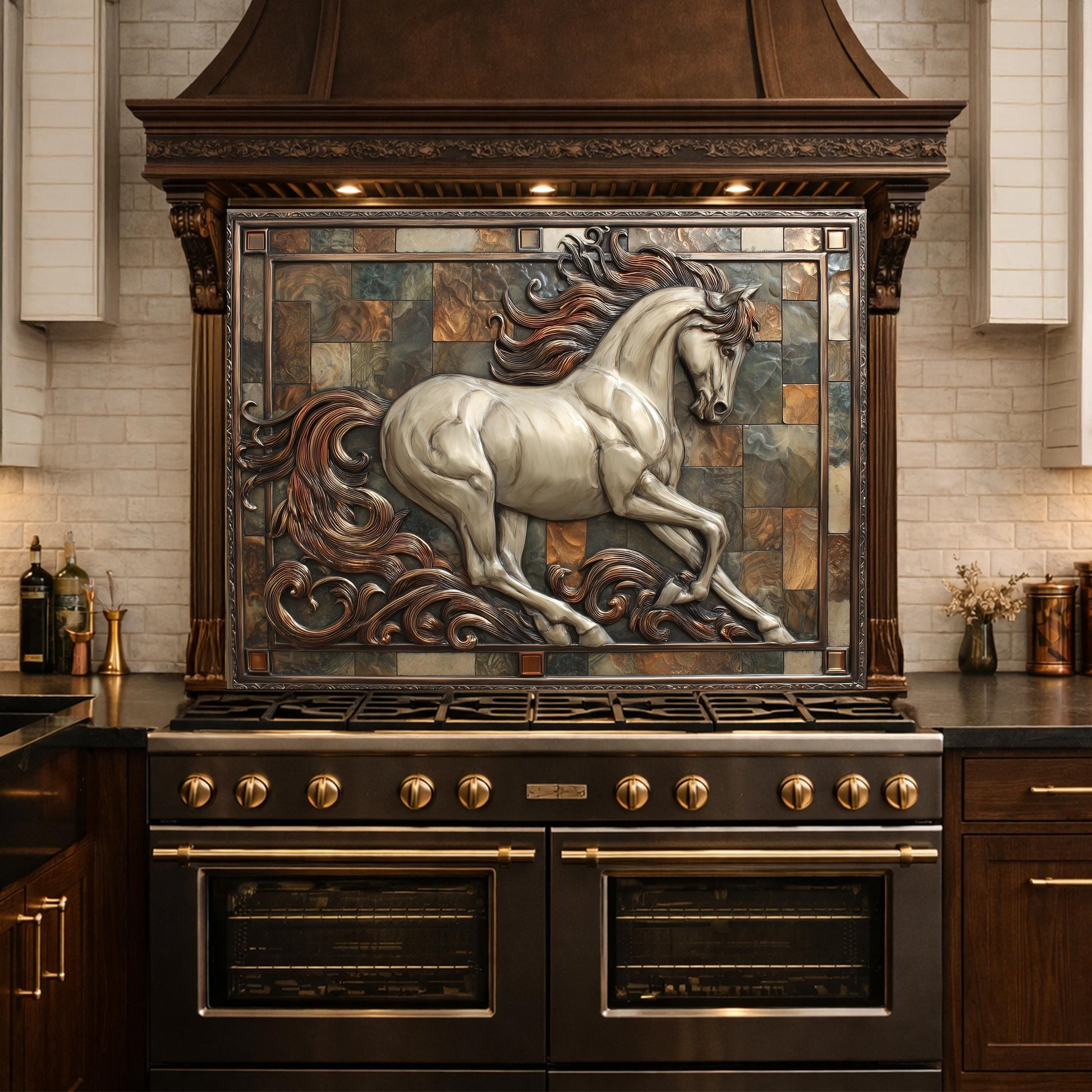 Majestic Stallion Tempered Glass Backsplash, Copper Look Galloping Horse Wall Panel, Custom Size