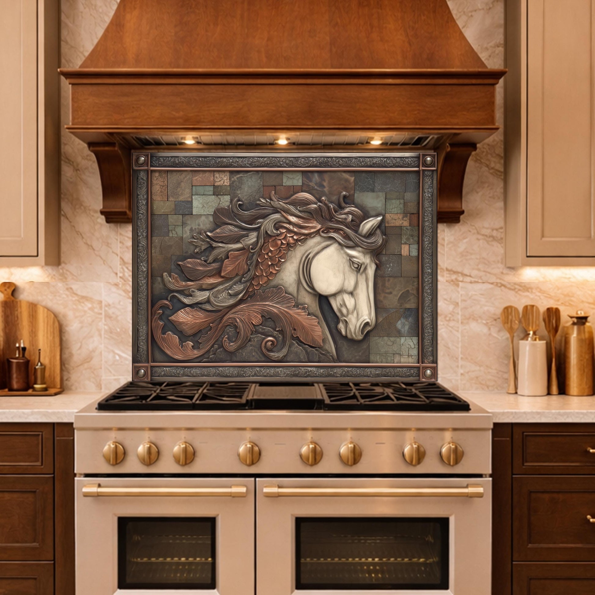 Equestrian Spirit Tempered Glass Backsplash, Copper Look Horse Portrait Wall Panel, Custom Size