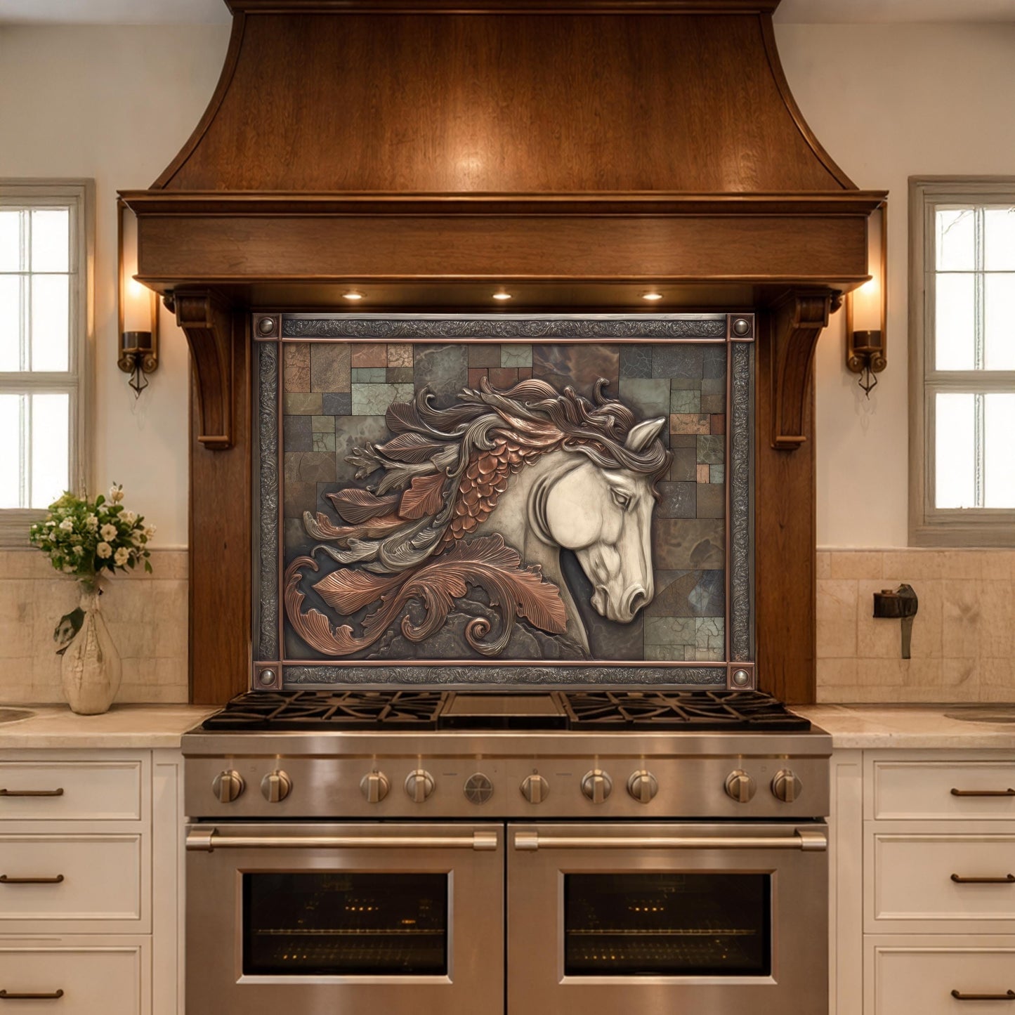 Equestrian Spirit Tempered Glass Backsplash, Copper Look Horse Portrait Wall Panel, Custom Size