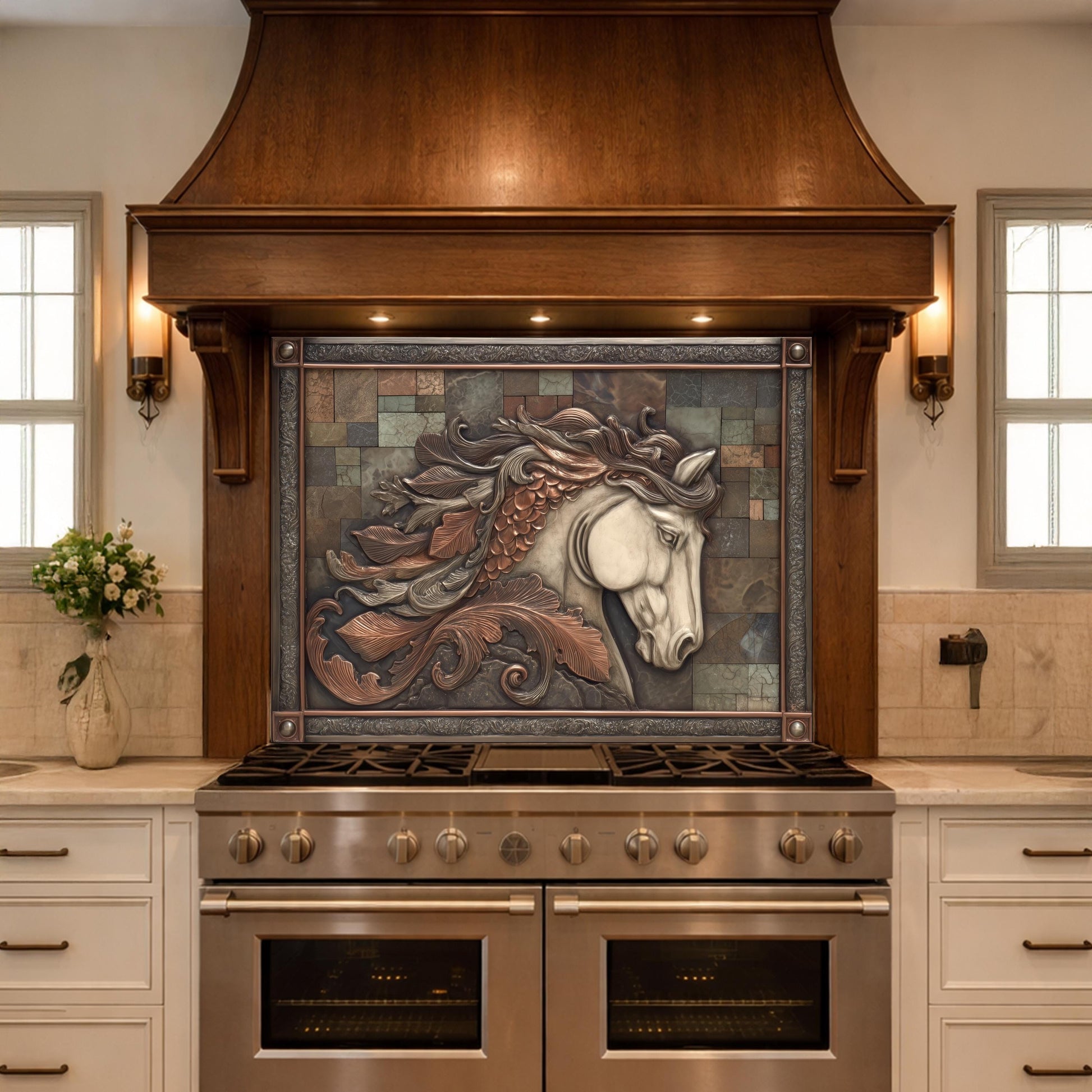 Equestrian Spirit Tempered Glass Backsplash, Copper Look Horse Portrait Wall Panel, Custom Size
