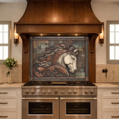 Equestrian Spirit Tempered Glass Backsplash, Copper Look Horse Portrait Wall Panel, Custom Size