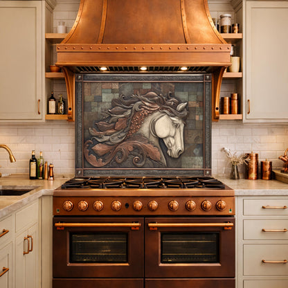 Equestrian Spirit Tempered Glass Backsplash, Copper Look Horse Portrait Wall Panel, Custom Size