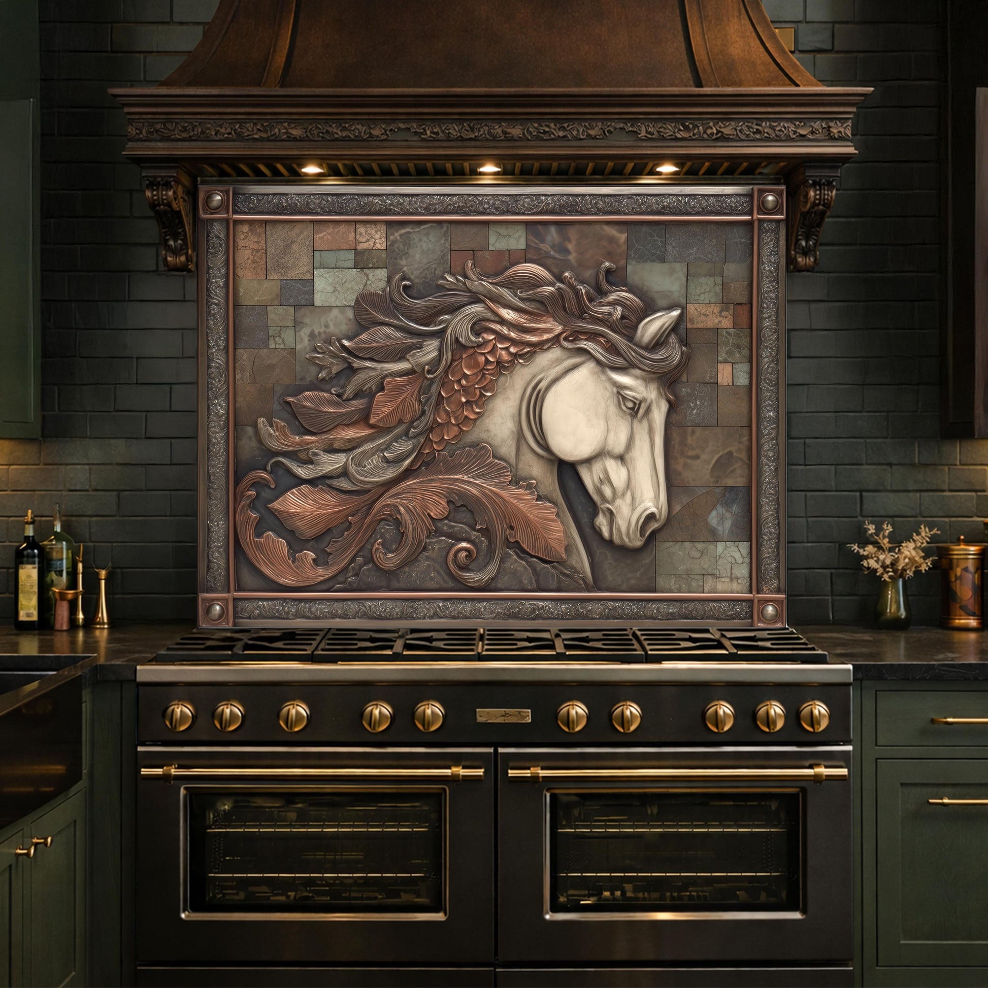 Equestrian Spirit Tempered Glass Backsplash, Copper Look Horse Portrait Wall Panel, Custom Size