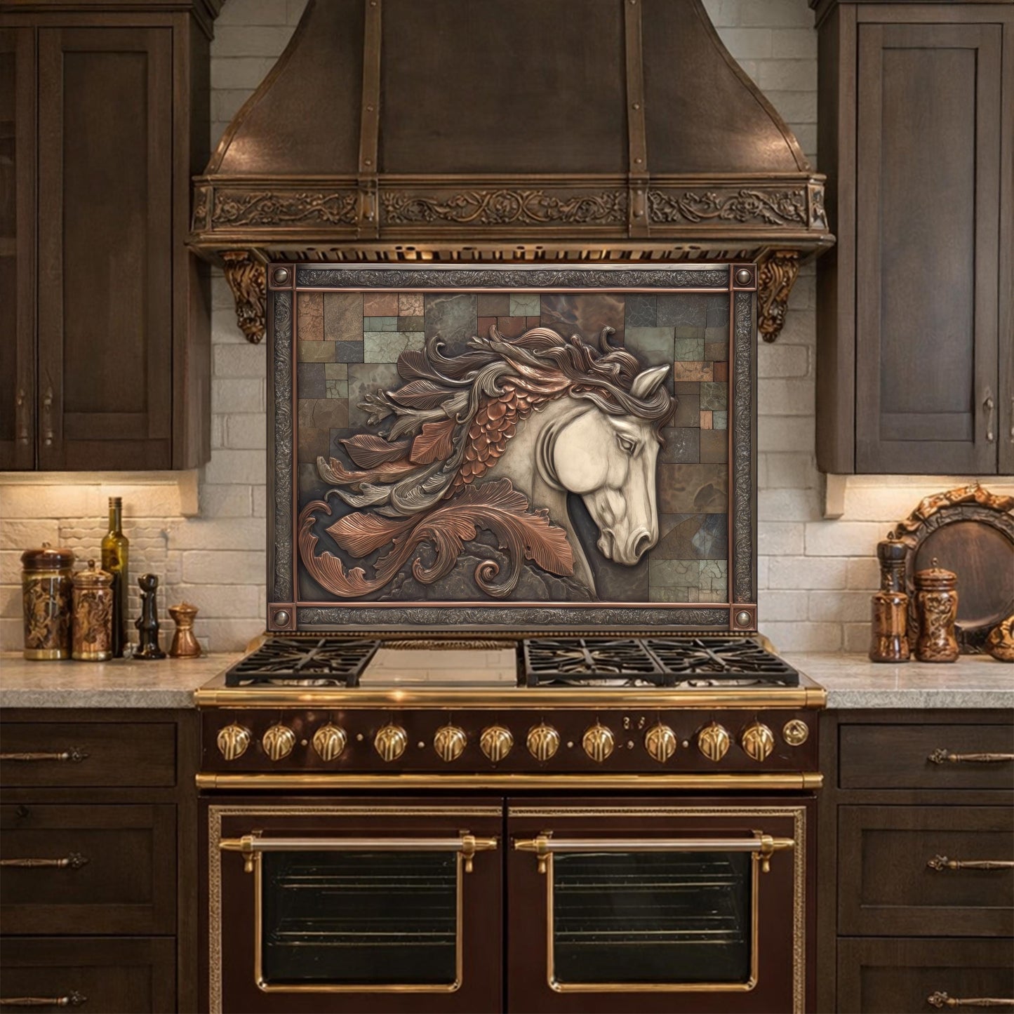 Equestrian Spirit Tempered Glass Backsplash, Copper Look Horse Portrait Wall Panel, Custom Size