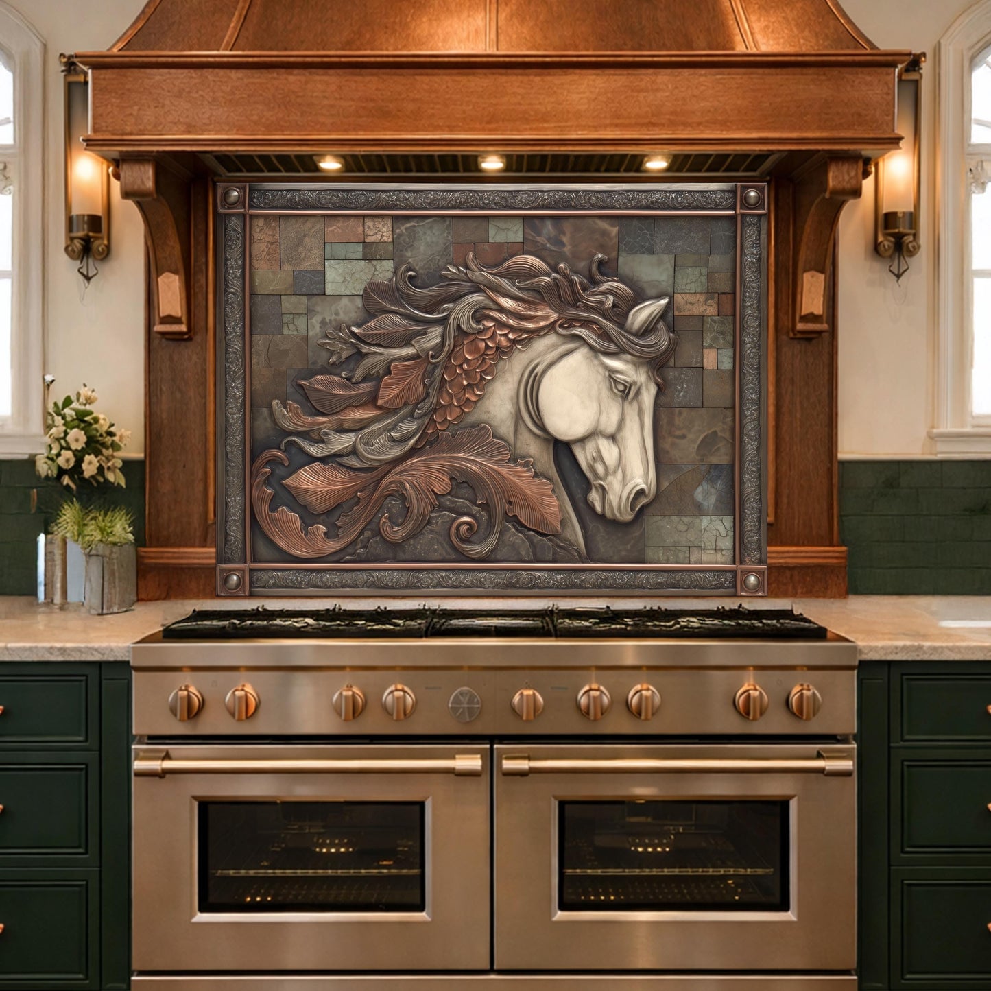 Equestrian Spirit Tempered Glass Backsplash, Copper Look Horse Portrait Wall Panel, Custom Size