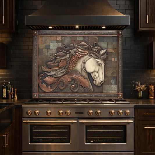 Equestrian Spirit Tempered Glass Backsplash, Copper Look Horse Portrait Wall Panel, Custom Size