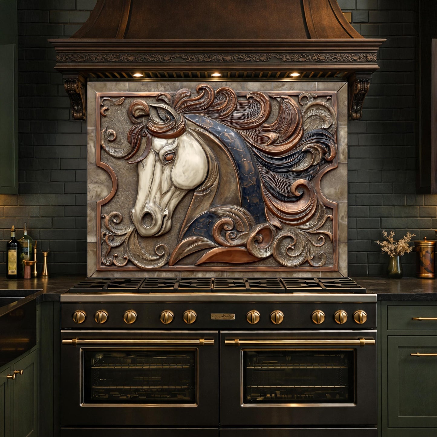 Equestrian Art Tempered Glass Backsplash, Copper Look Flowing Mane Horse Wall Panel, Custom Size
