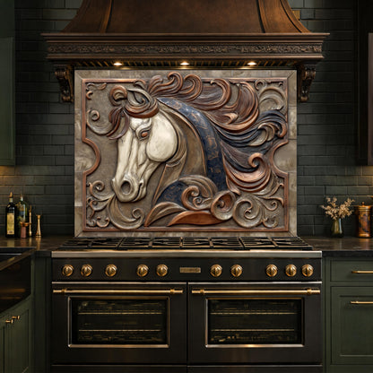 Equestrian Art Tempered Glass Backsplash, Copper Look Flowing Mane Horse Wall Panel, Custom Size