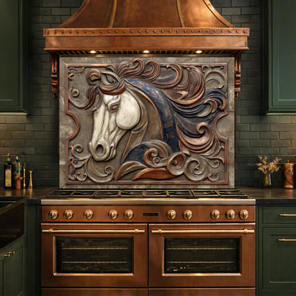 Equestrian Art Tempered Glass Backsplash, Copper Look Flowing Mane Horse Wall Panel, Custom Size