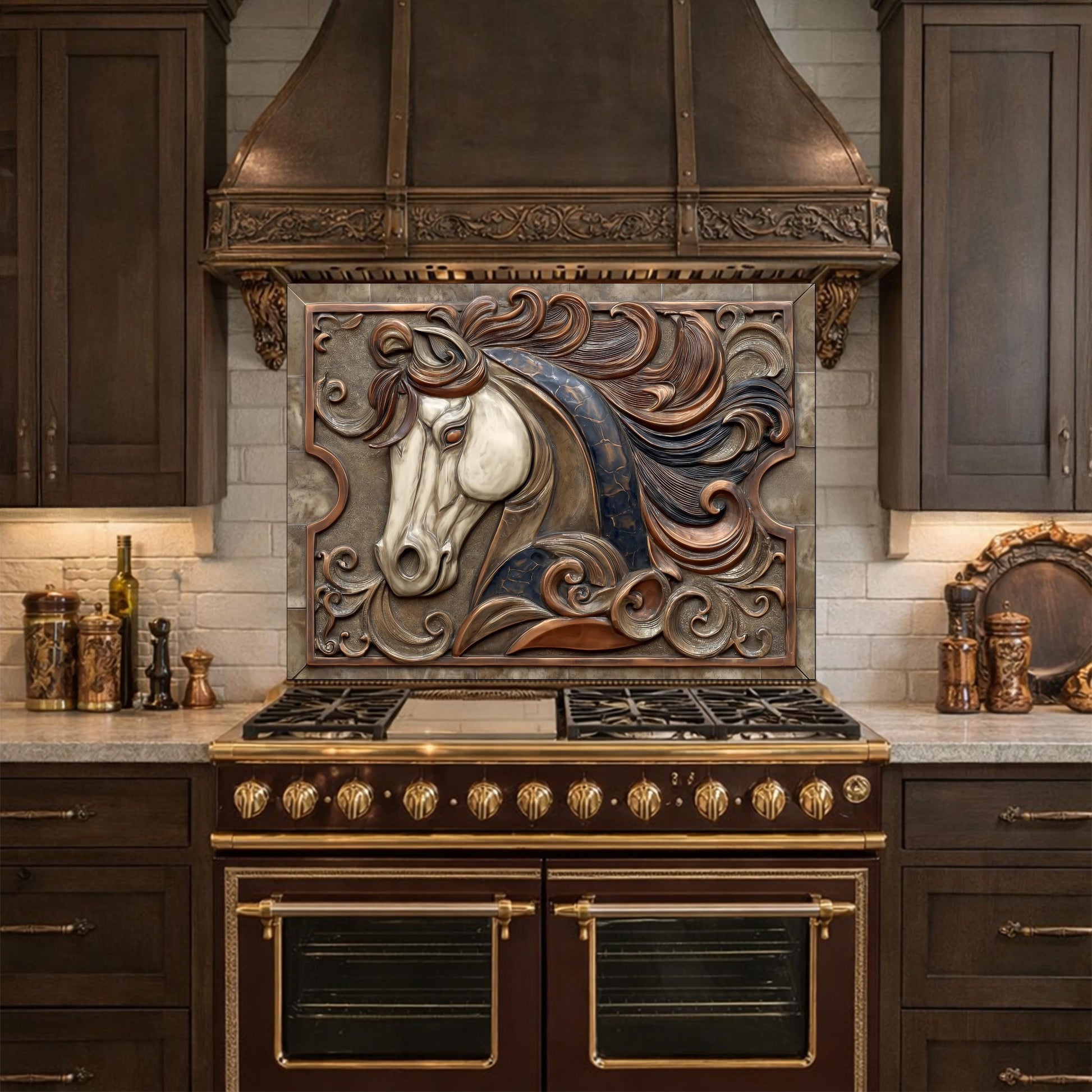 Equestrian Art Tempered Glass Backsplash, Copper Look Flowing Mane Horse Wall Panel, Custom Size