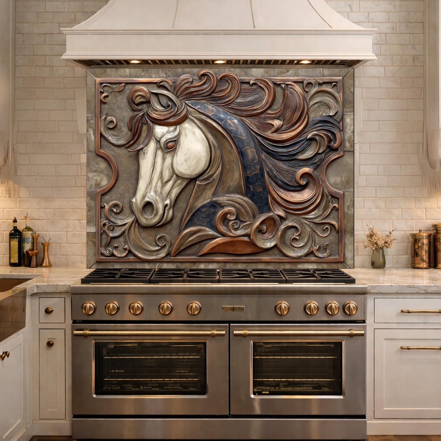 Equestrian Art Tempered Glass Backsplash, Copper Look Flowing Mane Horse Wall Panel, Custom Size