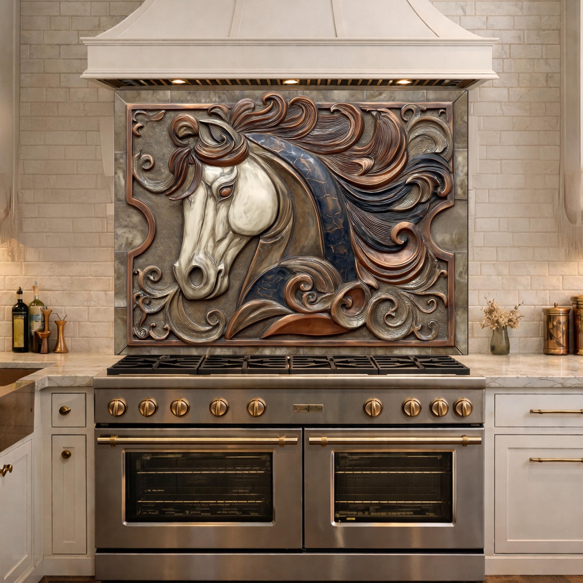 Equestrian Art Tempered Glass Backsplash, Copper Look Flowing Mane Horse Wall Panel, Custom Size