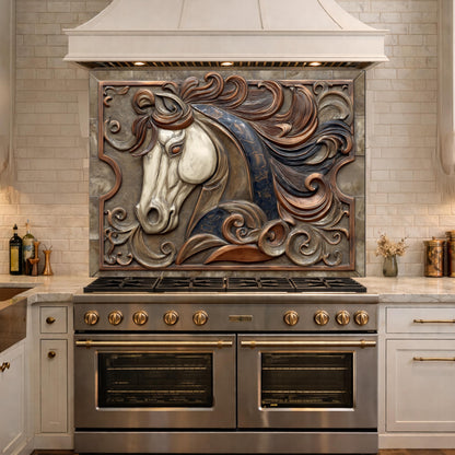 Equestrian Art Tempered Glass Backsplash, Copper Look Flowing Mane Horse Wall Panel, Custom Size