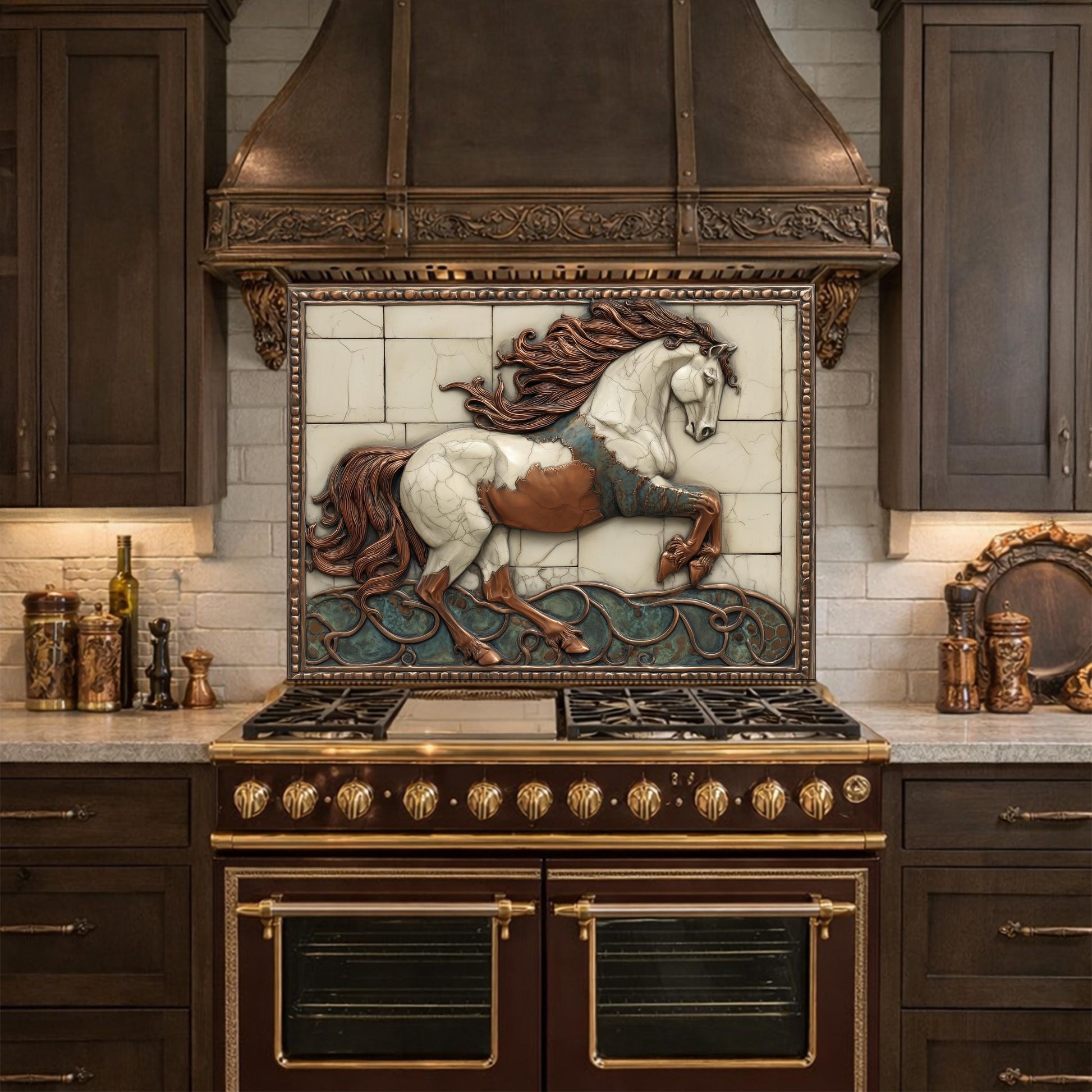 Galloping Horse Tempered Glass Backsplash, Copper Look Stallion Wall Panel, Custom Size