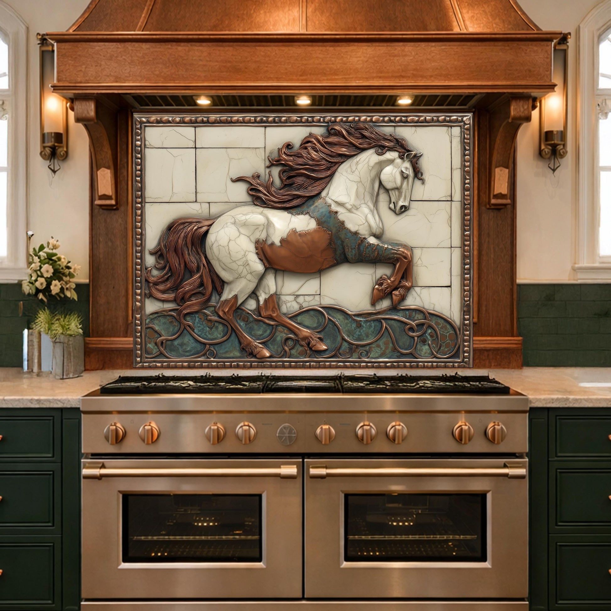 Galloping Horse Tempered Glass Backsplash, Copper Look Stallion Wall Panel, Custom Size