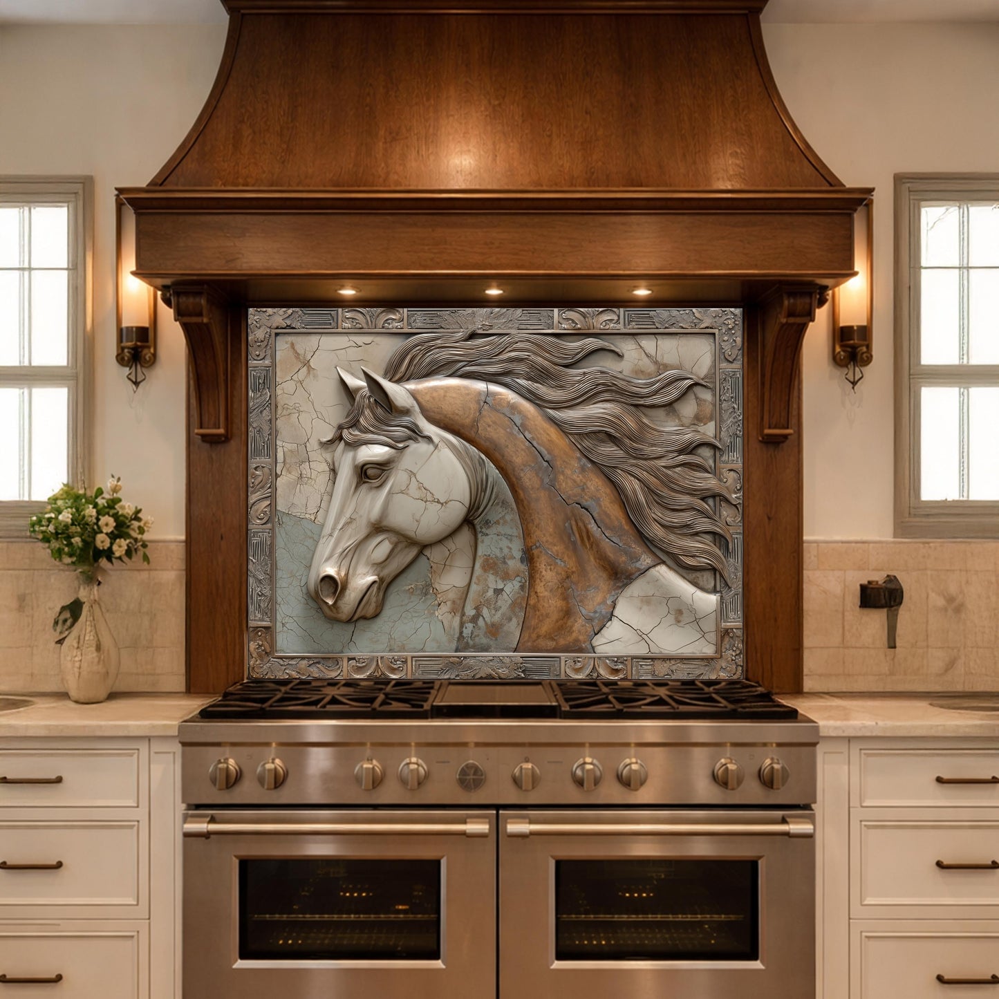 Noble Stallion Tempered Glass Backsplash, Copper Look Horse Portrait Wall Panel, Custom Size