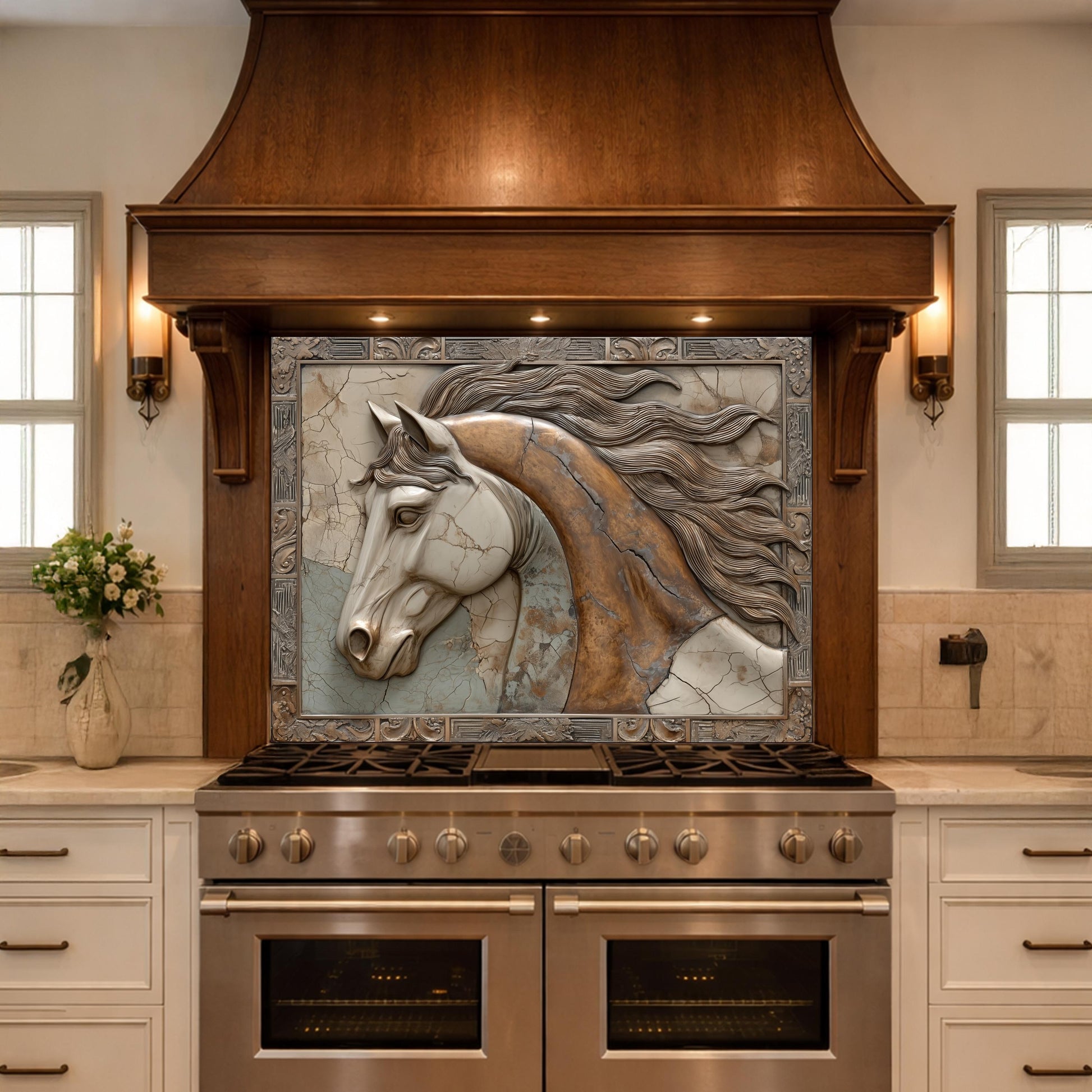 Noble Stallion Tempered Glass Backsplash, Copper Look Horse Portrait Wall Panel, Custom Size