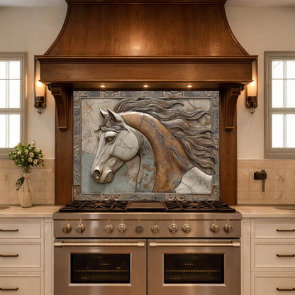 Noble Stallion Tempered Glass Backsplash, Copper Look Horse Portrait Wall Panel, Custom Size