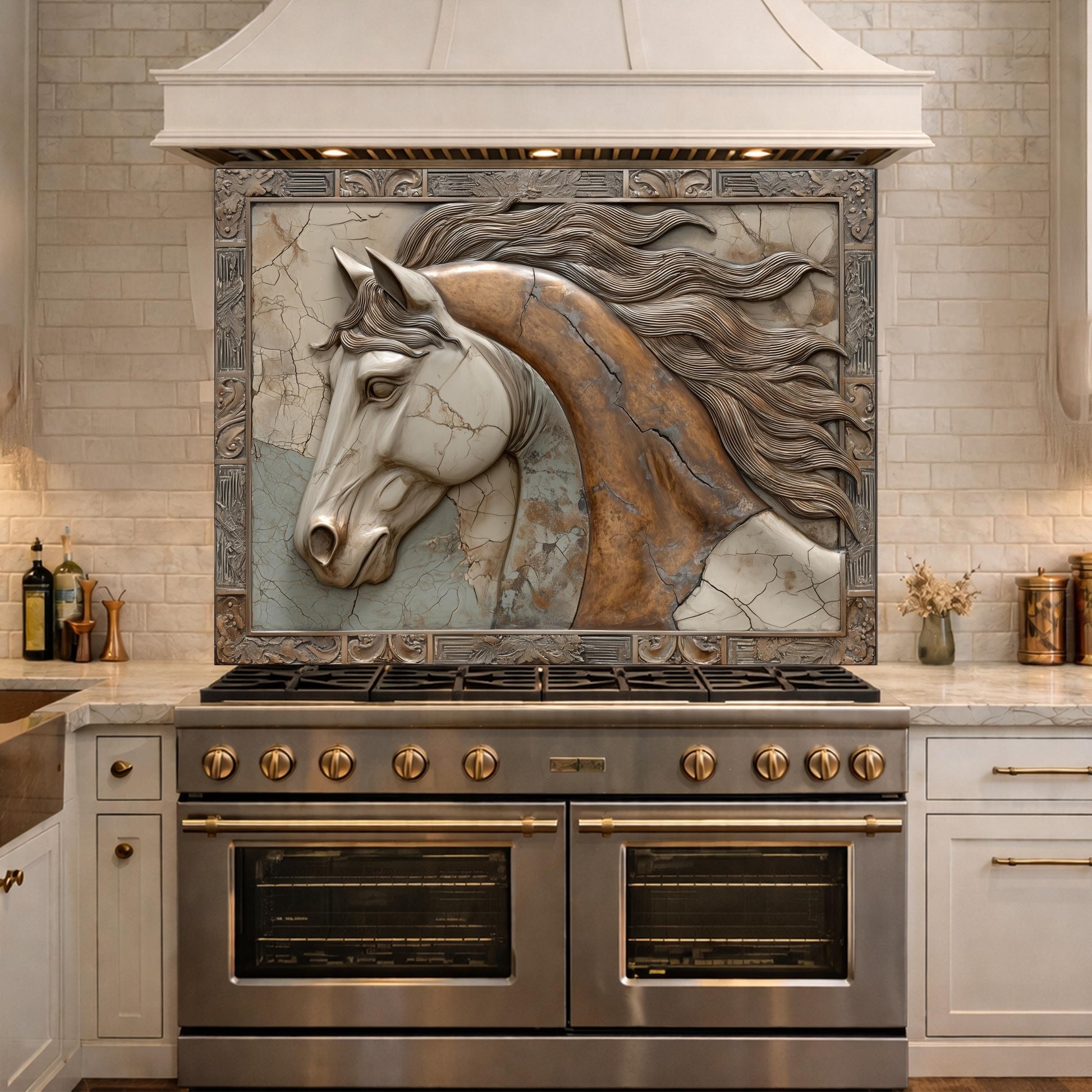 Noble Stallion Tempered Glass Backsplash, Copper Look Horse Portrait Wall Panel, Custom Size