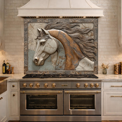 Noble Stallion Tempered Glass Backsplash, Copper Look Horse Portrait Wall Panel, Custom Size