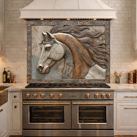 Noble Stallion Tempered Glass Backsplash, Copper Look Horse Portrait Wall Panel, Custom Size