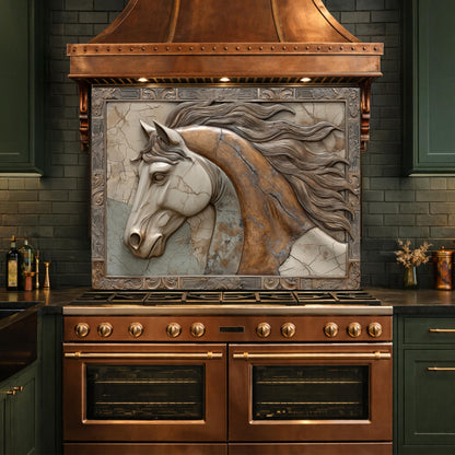 Noble Stallion Tempered Glass Backsplash, Copper Look Horse Portrait Wall Panel, Custom Size