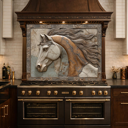 Noble Stallion Tempered Glass Backsplash, Copper Look Horse Portrait Wall Panel, Custom Size