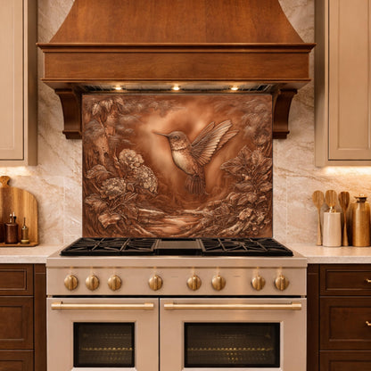 Hummingbird Garden Tempered Glass Backsplash, Copper Look Floral Bird Wall Panel, Custom Size