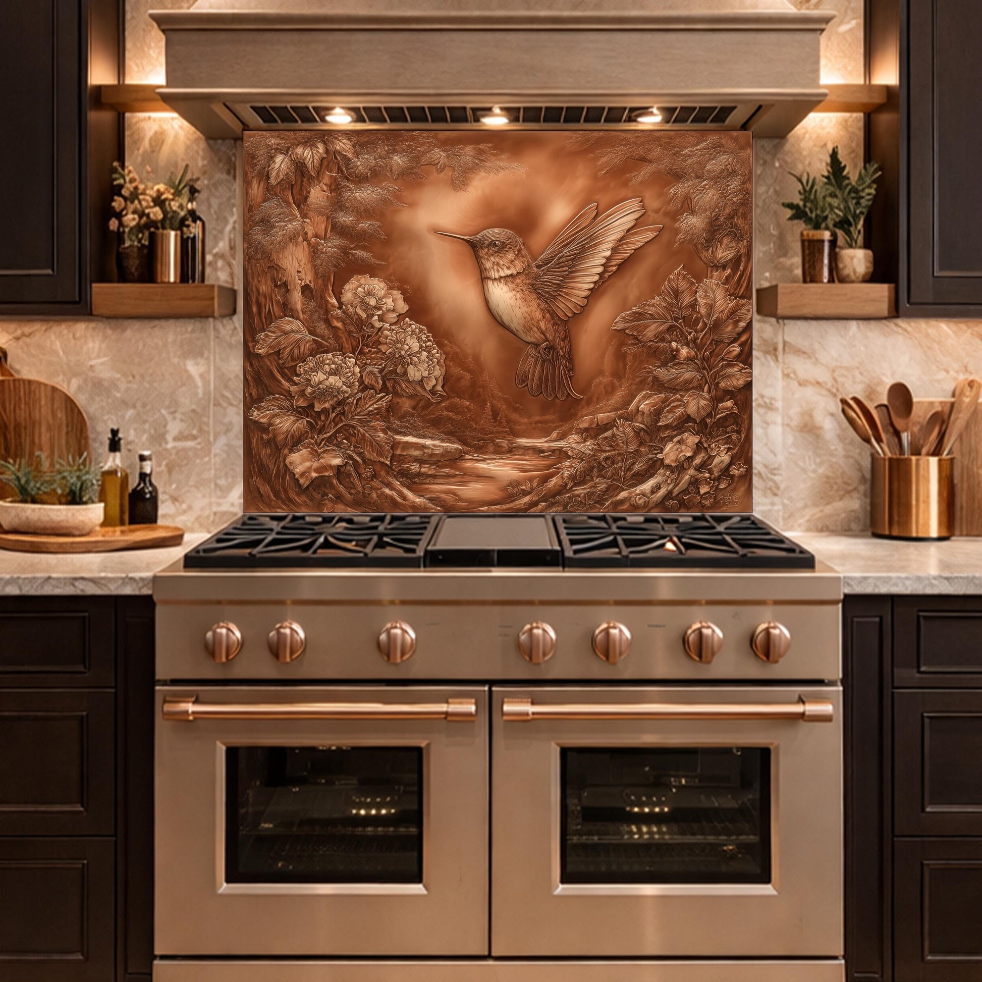 Hummingbird Garden Tempered Glass Backsplash, Copper Look Floral Bird Wall Panel, Custom Size