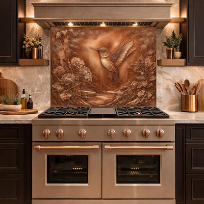 Hummingbird Garden Tempered Glass Backsplash, Copper Look Floral Bird Wall Panel, Custom Size