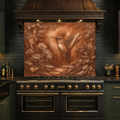Hummingbird Garden Tempered Glass Backsplash, Copper Look Floral Bird Wall Panel, Custom Size