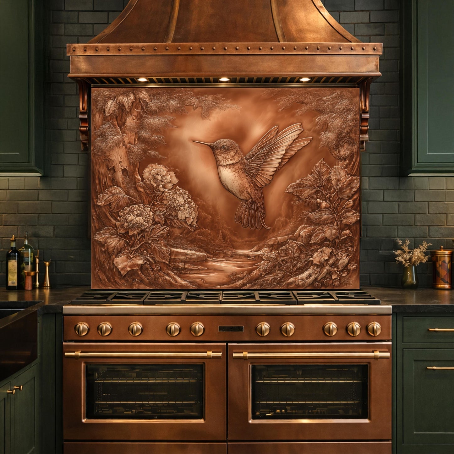 Hummingbird Garden Tempered Glass Backsplash, Copper Look Floral Bird Wall Panel, Custom Size