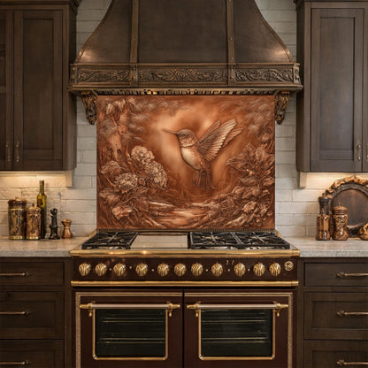 Hummingbird Garden Tempered Glass Backsplash, Copper Look Floral Bird Wall Panel, Custom Size