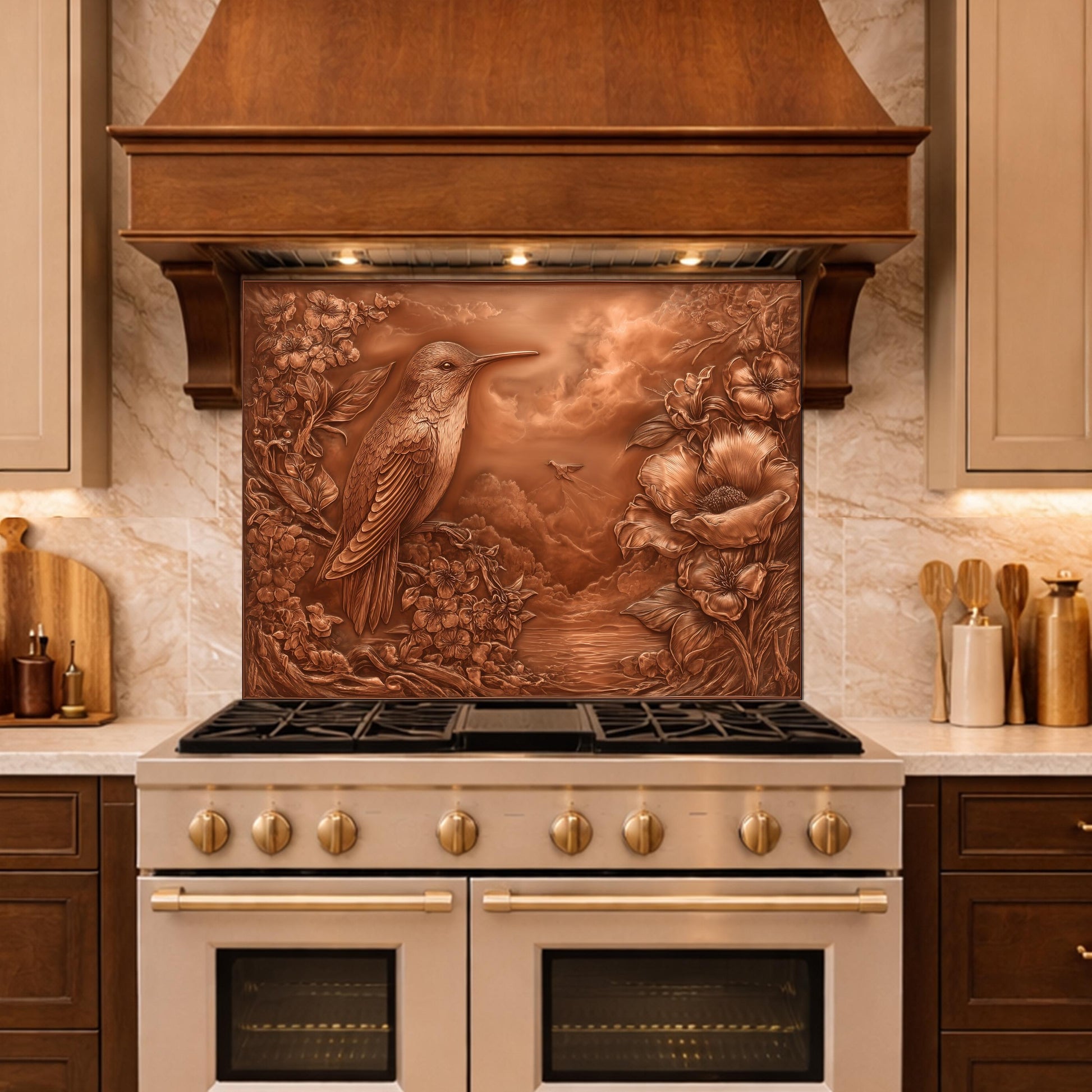 Songbird Mountain View Tempered Glass Backsplash, Copper Look Floral Bird Wall Panel, Custom Size