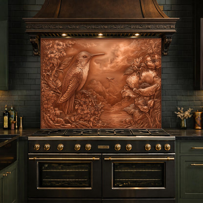 Songbird Mountain View Tempered Glass Backsplash, Copper Look Floral Bird Wall Panel, Custom Size