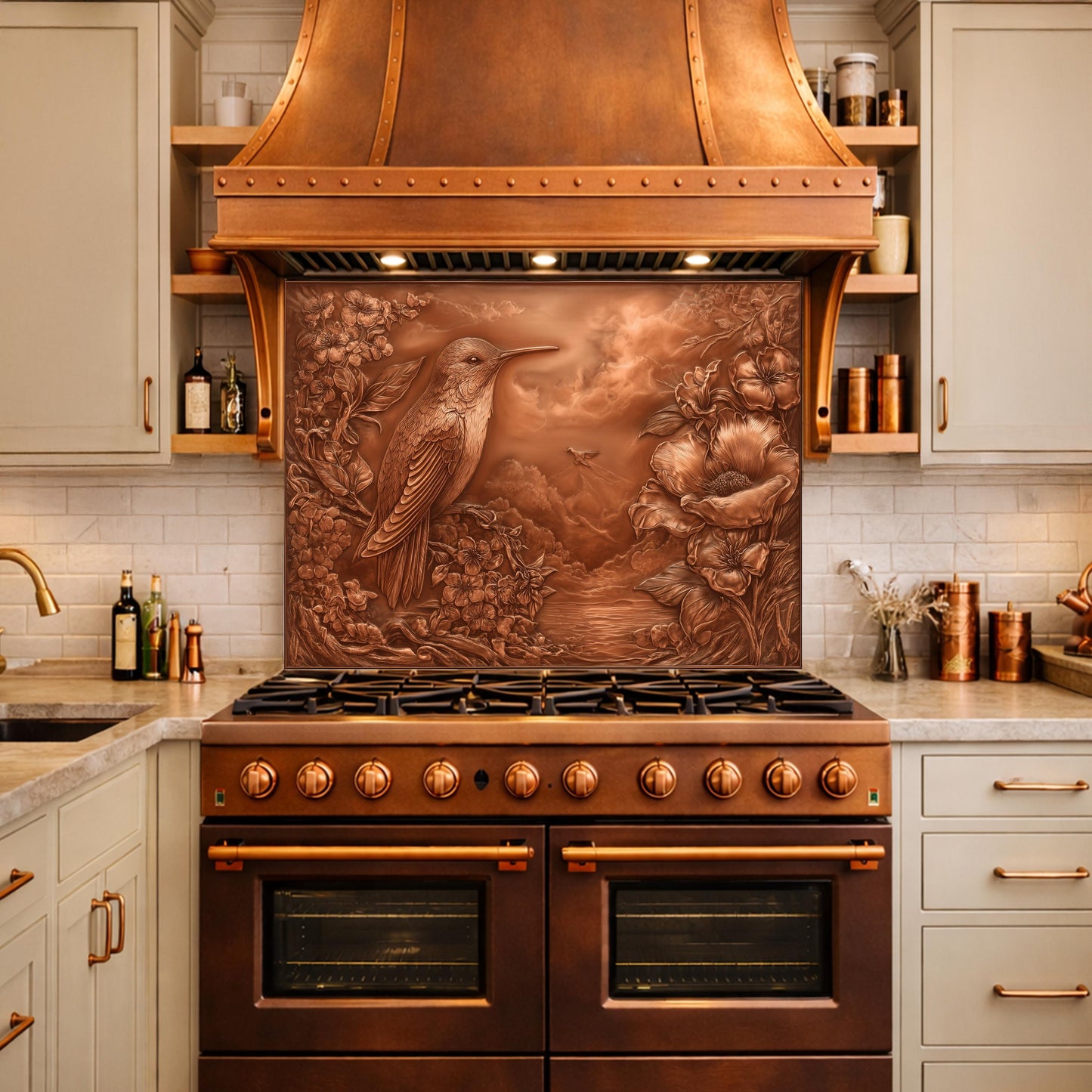 Songbird Mountain View Tempered Glass Backsplash, Copper Look Floral Bird Wall Panel, Custom Size