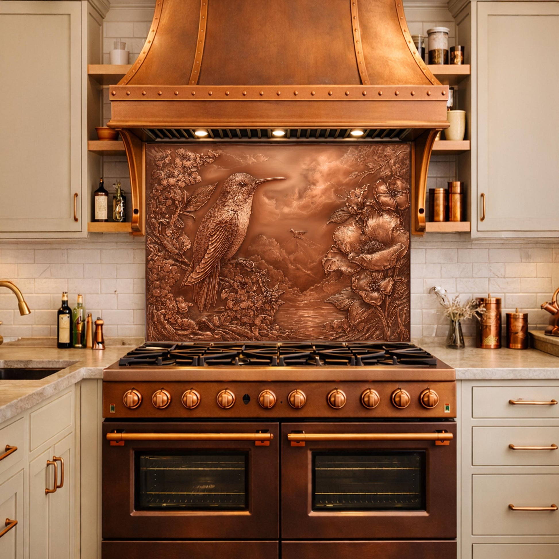 Songbird Mountain View Tempered Glass Backsplash, Copper Look Floral Bird Wall Panel, Custom Size