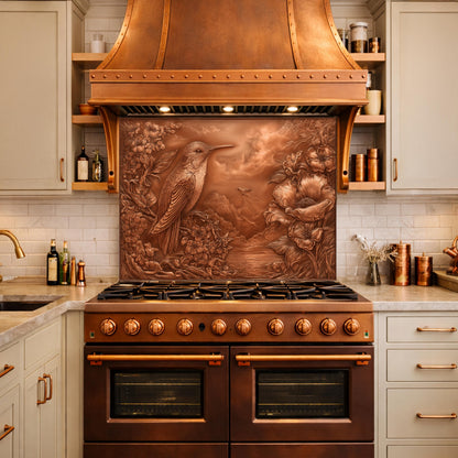 Songbird Mountain View Tempered Glass Backsplash, Copper Look Floral Bird Wall Panel, Custom Size