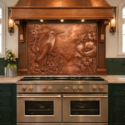 Songbird Mountain View Tempered Glass Backsplash, Copper Look Floral Bird Wall Panel, Custom Size