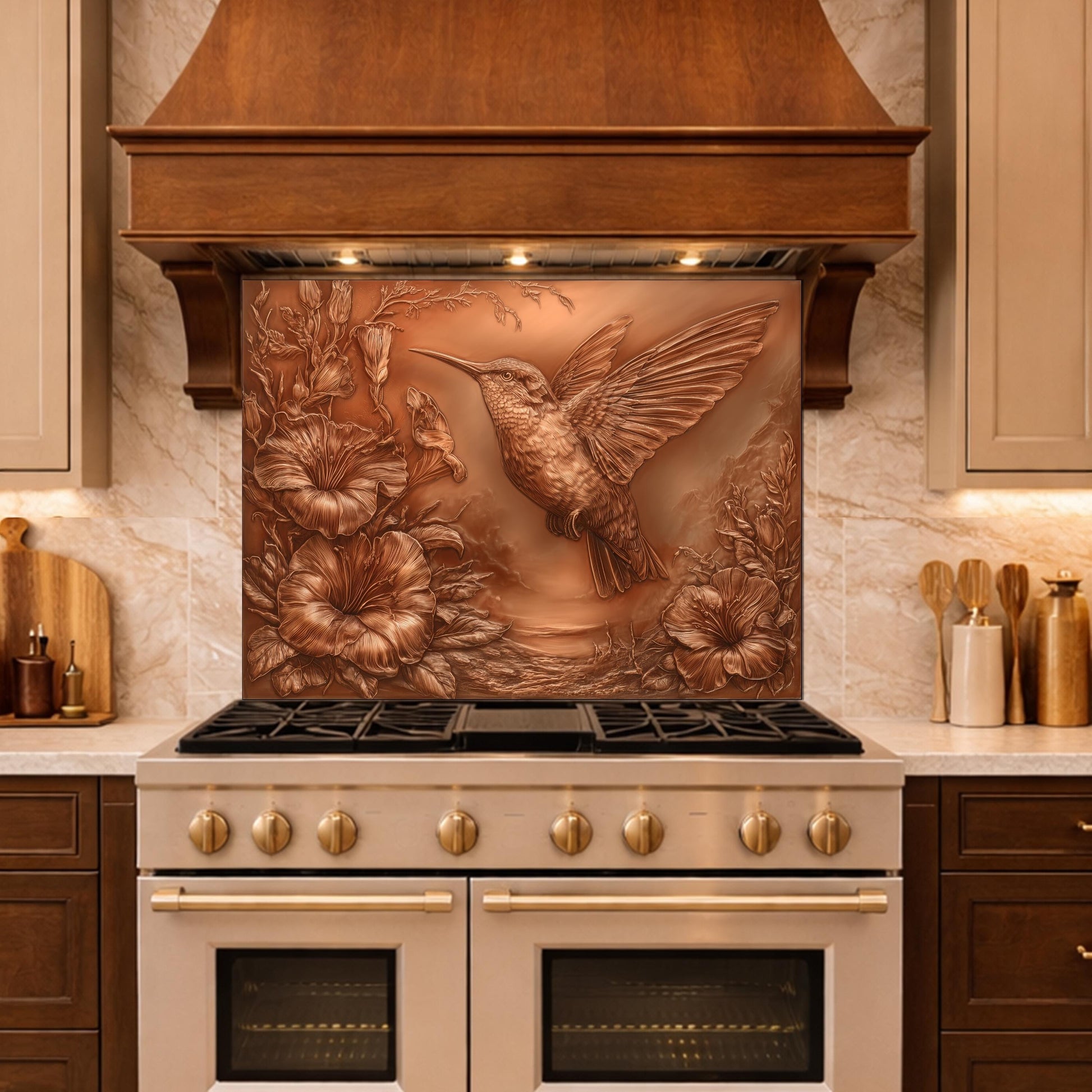 Hummingbird and Morning Glory Backsplash, Copper Look Floral Bird Wall Panel, Custom Size