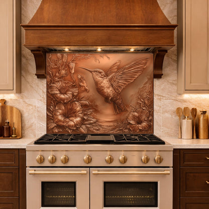 Hummingbird and Morning Glory Backsplash, Copper Look Floral Bird Wall Panel, Custom Size
