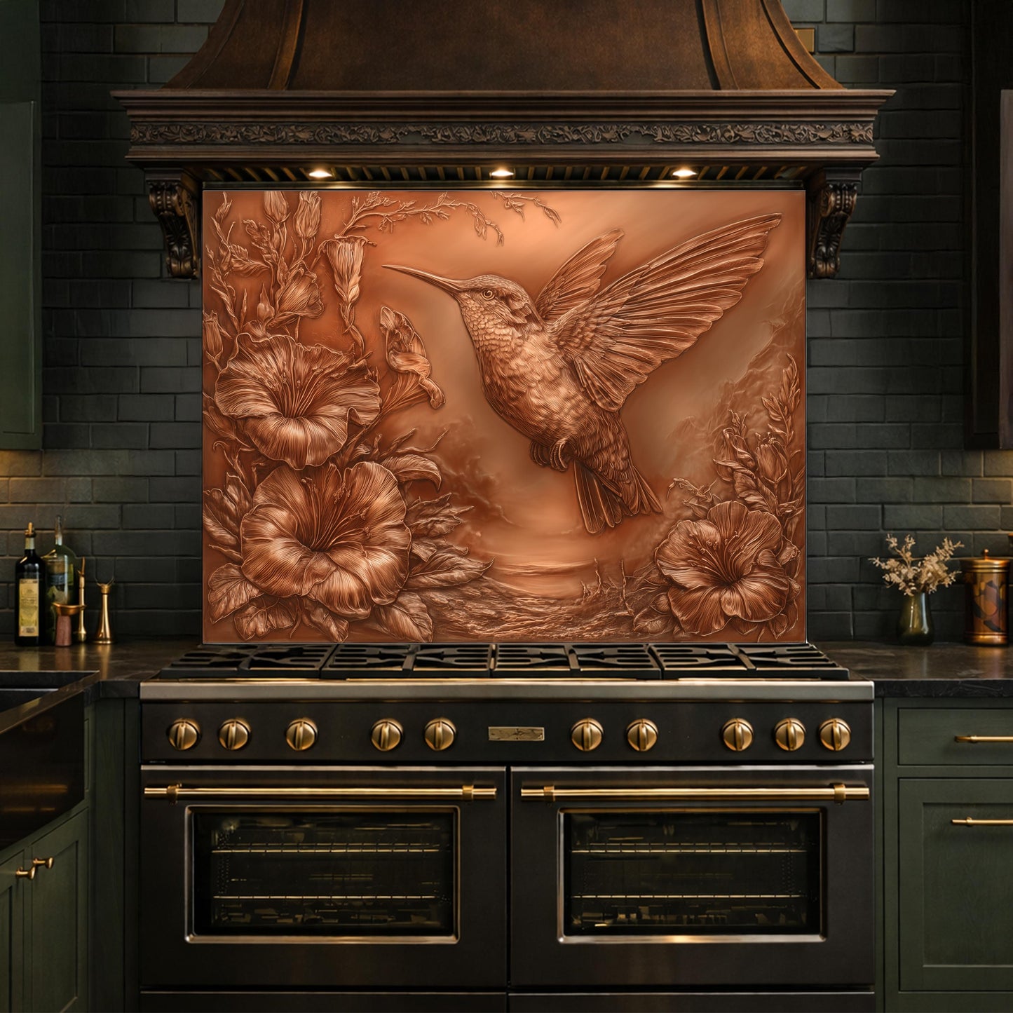 Hummingbird and Morning Glory Backsplash, Copper Look Floral Bird Wall Panel, Custom Size