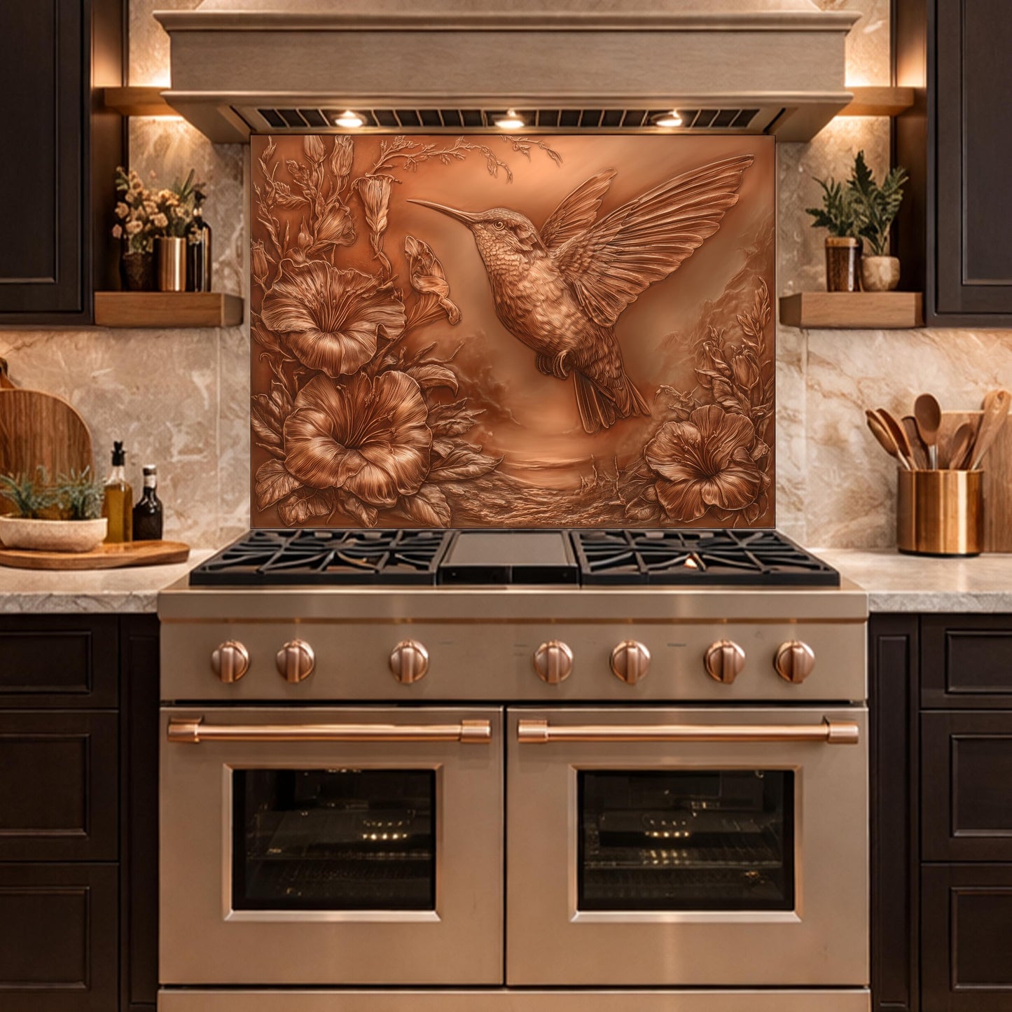 Hummingbird and Morning Glory Backsplash, Copper Look Floral Bird Wall Panel, Custom Size