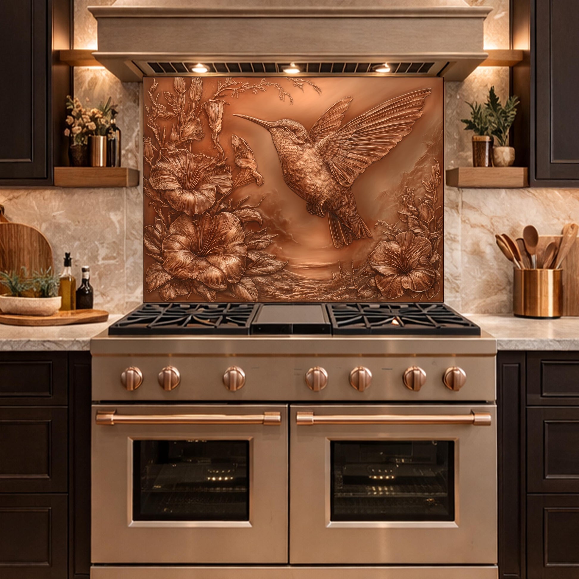 Hummingbird and Morning Glory Backsplash, Copper Look Floral Bird Wall Panel, Custom Size