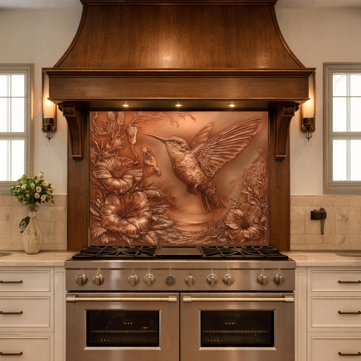 Hummingbird and Morning Glory Backsplash, Copper Look Floral Bird Wall Panel, Custom Size