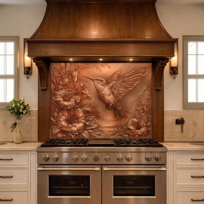 Hummingbird and Morning Glory Backsplash, Copper Look Floral Bird Wall Panel, Custom Size
