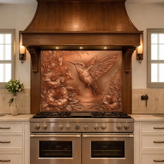 Hummingbird and Morning Glory Backsplash, Copper Look Floral Bird Wall Panel, Custom Size