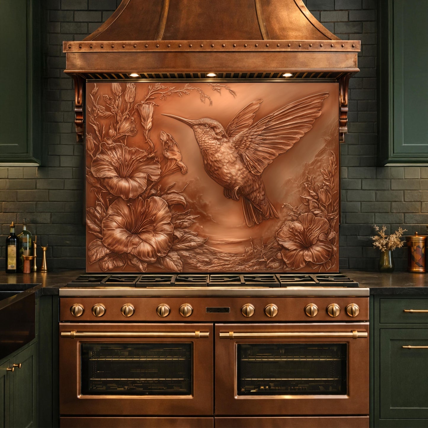 Hummingbird and Morning Glory Backsplash, Copper Look Floral Bird Wall Panel, Custom Size